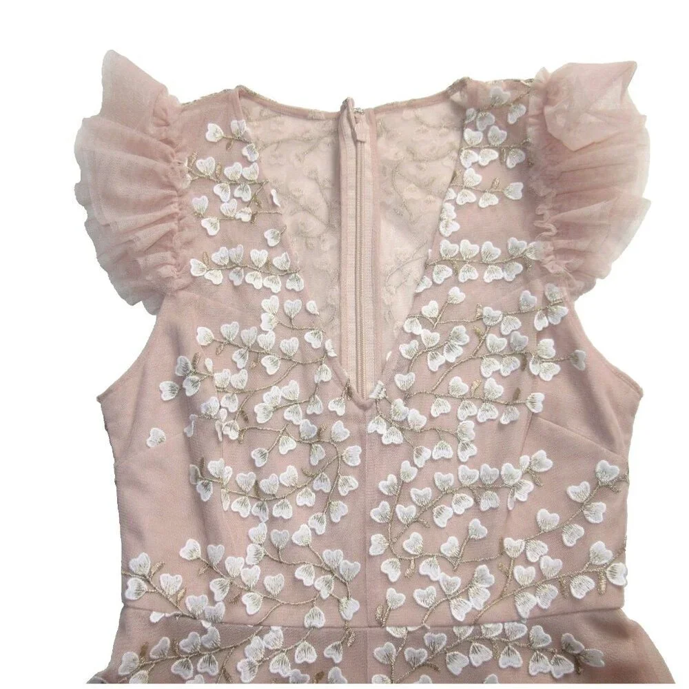 NWT BCBG MaxAzria Emery in Bare Pink 3D Floral Embroidered Asymmetric Dress 4 - Picture 3 of 6